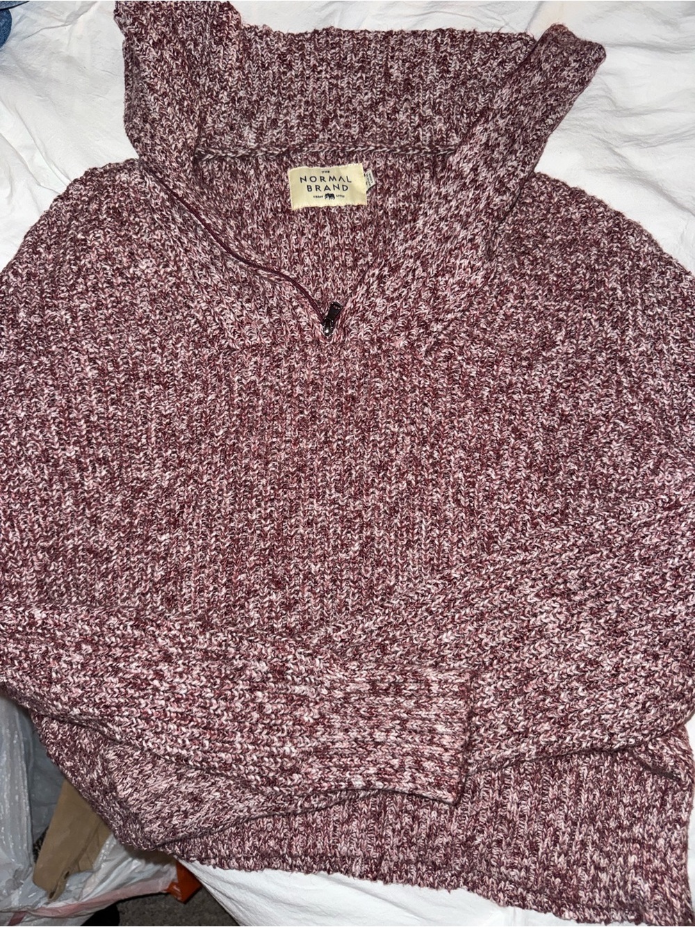 The Normal Brand Marled Burgundy Cowl Half-Zip Sweater